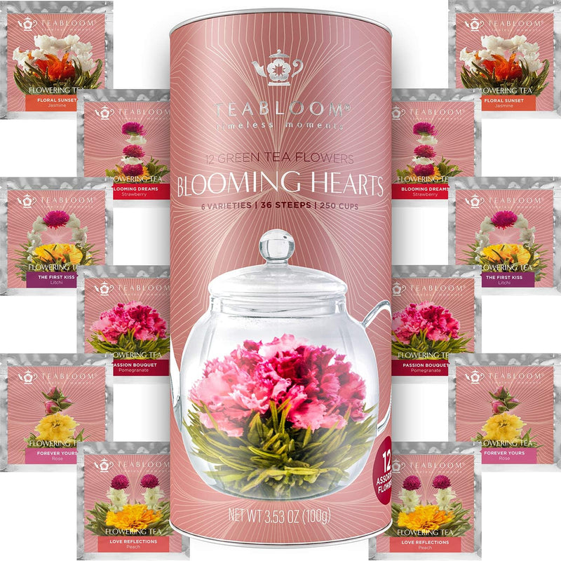 Teabloom Eternal Love Flowering Tea Gift Set - Glass Teapot (36 oz), Heart-Topped Lid, Tea Warmer, Loose Tea Infuser & 12 Heart-Shaped Blooming Teas