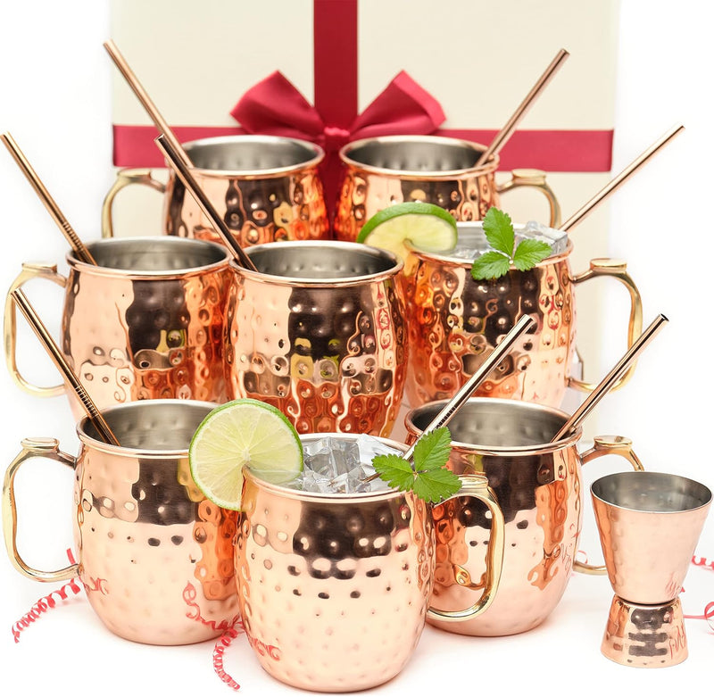 Kitchen Science [Gift Set] Moscow Mule Mugs, Stainless Steel Lined Copper Moscow Mule Cups Set of 2 (18oz) w/Straws & Jigger. | Tarnish-Resistant Stainless Steel Interior (Set of 2)