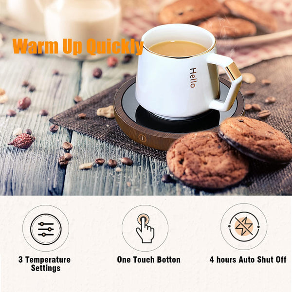 Mug Warmer, KRGMNHR Coffee Warmer for Desk Auto Shut Off, 3-Temperature Settings, Wax Melt Warmer Heating Plate (Up to 180° F), Wood Grain