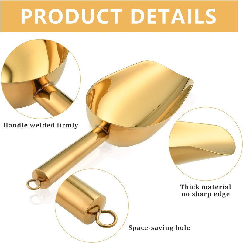 Stainless Steel Ice Scoop and Ice Tongs, Akamino Small Round Bottom Bar Ice Flour Utility Scoop & Buffet Clip Kitchen Bar BBQ Party Wedding, Gold