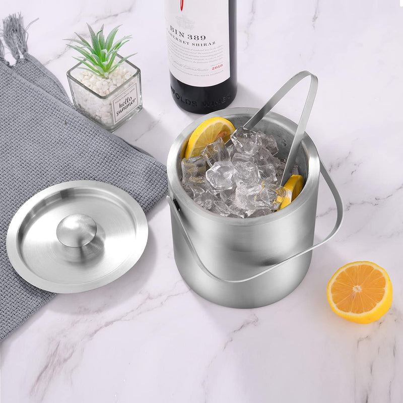 LUCKYGOOBO Mini Stainless Steel Ice Bucket Portable Double Wall Ice Bucket with Tong, Hotel Bucket/Champagne Bucket/Beverage Bucket,Size 1.3 Liters 5.5 x 5.5 in,Serveware for Party,Event,and Camping.