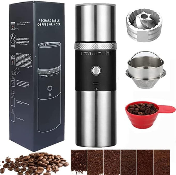 Electric Conical Burr Coffee Grinder Mni Portable Cordless Rechargeable Espresso Travel Coffee Bean Grinder Stainless Steel Coffee Maker with 15 Fine to Coarse Grind Settings Christmas Gift (Black)