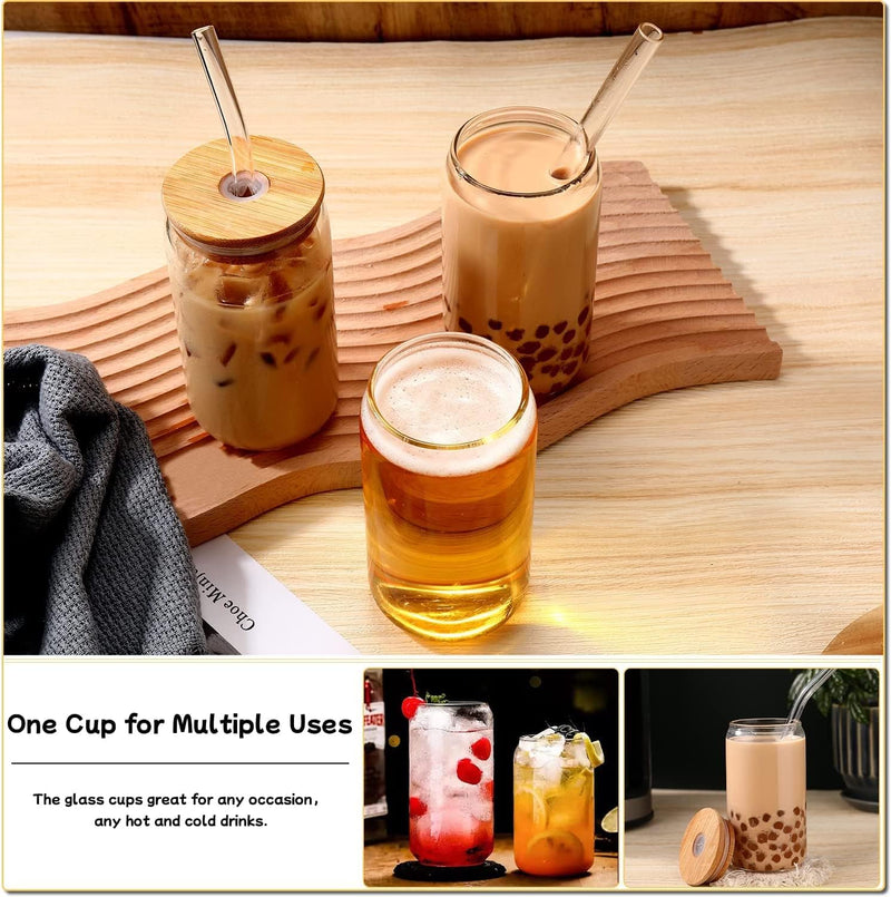 Glass Cups 16oz,Glass Cups with Lids and Straws 4pcs-DWTS Coffee cups,Drinking glasses set,Glass tumbler with straw and lid gift 2 Cleaning Brushes