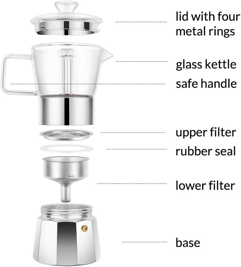 Geesta Premium Crystal Glass-Top Stovetop Espresso Moka Pot - 9 cup - Coffee Maker, 360ml/12.7oz/9 cup (espresso cup=40ml) Gift Idea for Husband Wife
