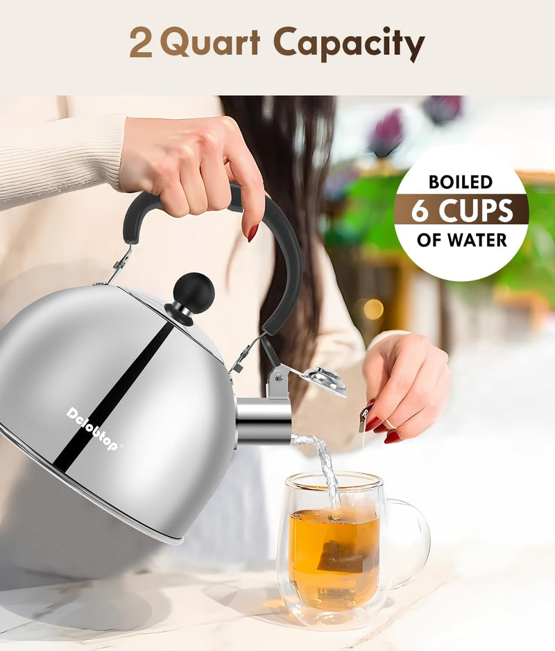 Tea Kettle for Stove Top - Stainless steel Teapot,2 Quart Camping Kettle, Efficient Heating, Audible Whistle, Safe Handle - Hot Water kettle & Tea Pot Stovetop…