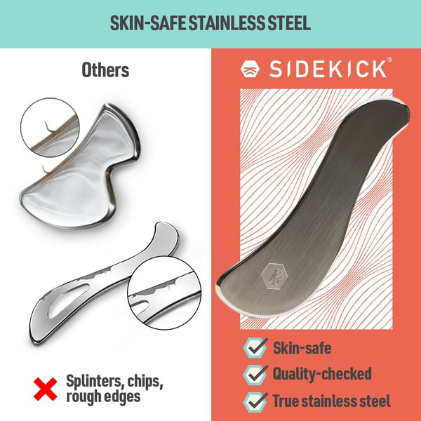 SIDEKICK Swerve Muscle Scraper - Stainless Steel Gua Sha Tool - Full Kit - Designed for IASTM to Relieve Foot, Neck, Arm Pain - Relieves Tennis Elbow and Carpal Tunnel