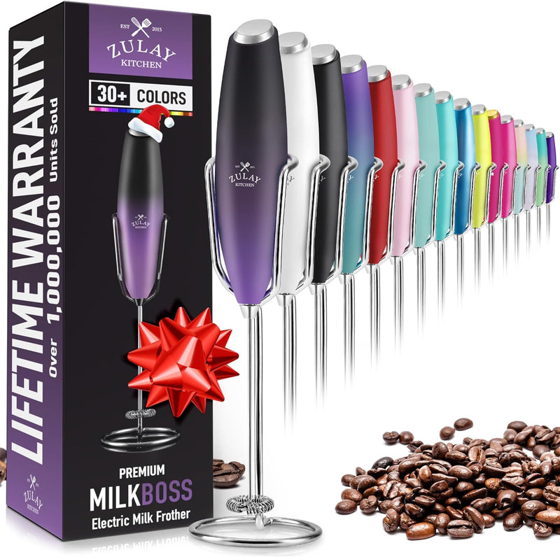 ULTRA HIGH SPEED MILK FROTHER For Coffee With NEW UPGRADED STAND - Powerful, Compact Handheld Mixer with Infinite Uses - Super Instant Electric Foam Maker with Stainless Steel Whisk by Zulay (White)