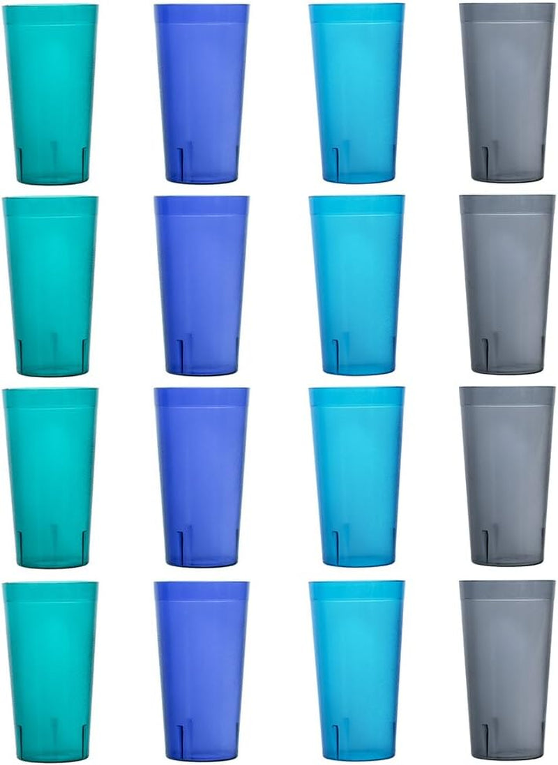 US Acrylic Cafe Plastic Reusable Tumblers (Set of 16) 20-ounce Water Cups Coastal Colors | Restaurant Style Drinking Glasses Value Set, Stackable, BPA-free, Made in the USA | Top-rack Dishwasher Safe