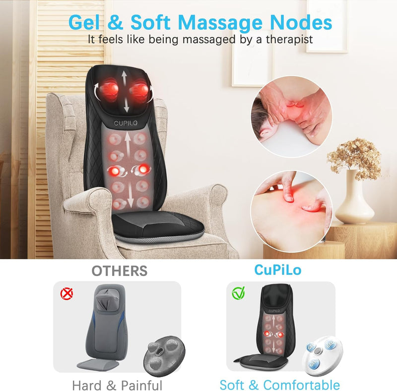 CuPiLo Shiatsu Neck Back Massager with Heat, Massage Chair Pad for Full Body Pain Relief, Inflatable Flaps Back Support, Chair Massage Pad, Seat Massager for Chair, Home, Gifts for Elder, Man or Woman