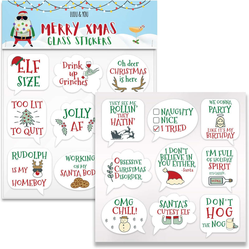 Lulu & You Funny Christmas Wine Glass Drink Markers - Wine Charms Alternative - 18 Static Cling Reusable Stickers (Xmas)