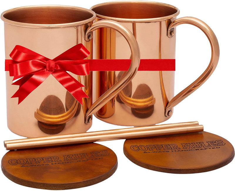 Moscow Mule PURE Copper Mugs Set of 2 by Copper Mules - Handcrafted of 100% Pure THICK Copper - Straight Smooth Finish - EasyCare Copper Interior - Strong Authentic Riveted Handle - Holds 16 ounces