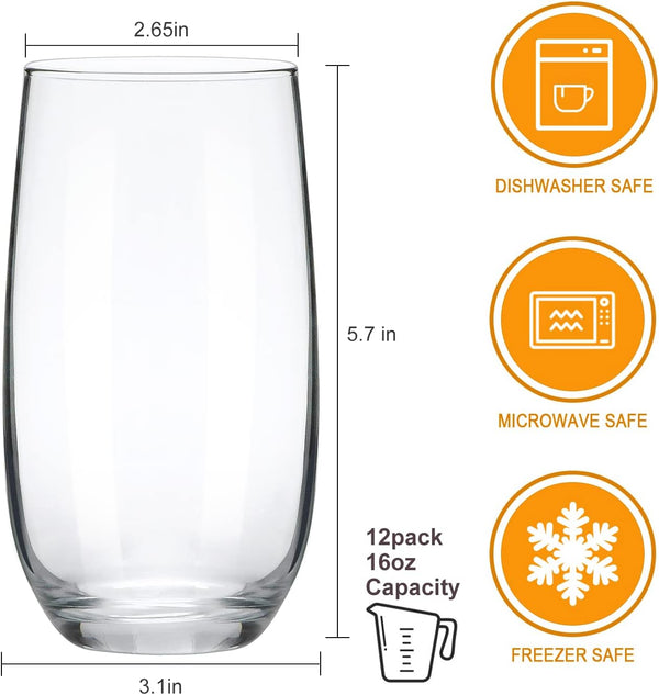 QAPPDA Drinking Glasses Set of 12,16 OZ Highball Glasses with Straws,Clear Tall Water Glasses Premium Cocktail Glasses Beverage Cups Mojito Glassware for Juice,Mixed Drinks