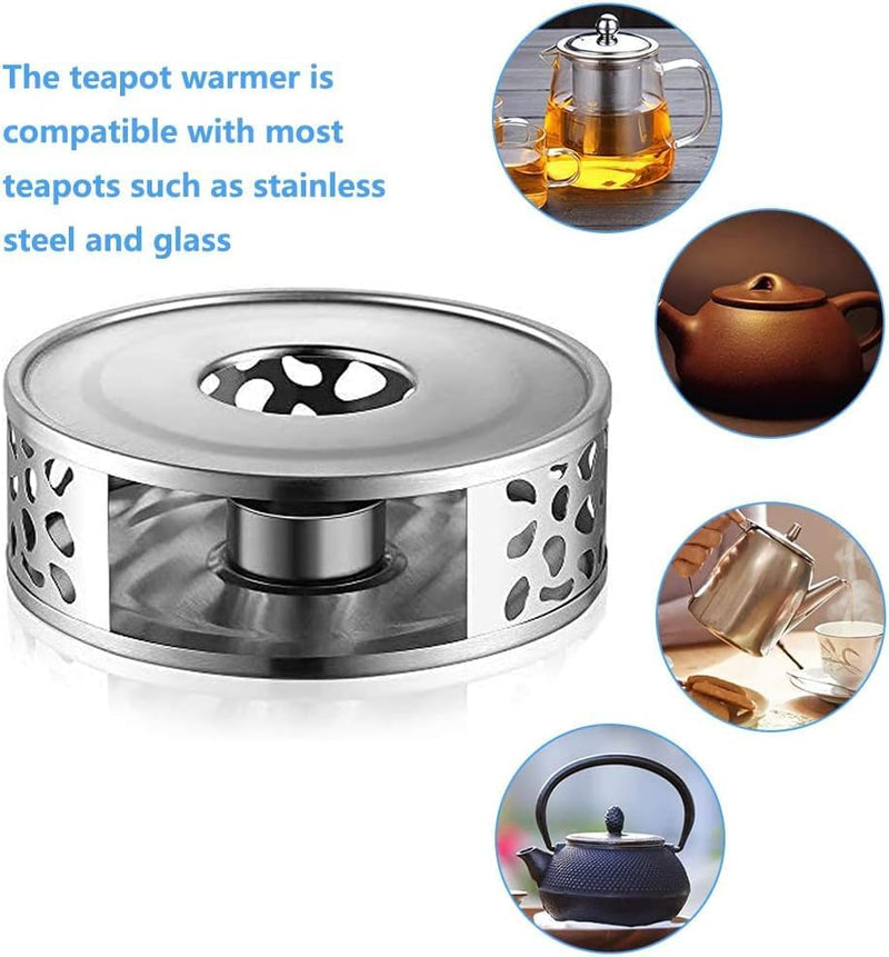 LIYONGHE Stainless Steel Teapot Warmer Base Round Tea Pot Warmer with Hollow Frame Design Candle Holder, Coffee and Milk, Universal Teapot Heater