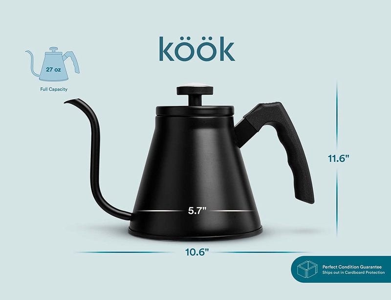 Kook Stovetop Gooseneck Kettle with Thermometer, for Pour Over Coffee & Tea, Temperature Gauge, Electric, Compatible for Gas Stovetop, 3 Ply Stainless Steel Base, 27 oz