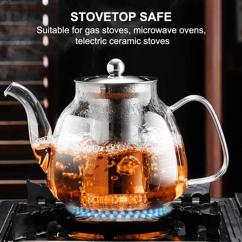 PARACITY Glass Teapot Stovetop 34 OZ, Borosilicate Clear Tea Kettle with Removable 18/8 Stainless Steel Infuser, Teapot Blooming and Loose Leaf Tea Maker Tea Brewer for Camping, Travel