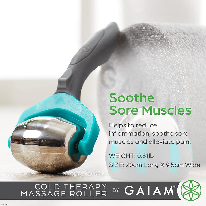 Gaiam Restore Cold Therapy Massage Roller - Easy-Glide Massage Ball Roller with Sure-Grip Handle - Muscle Massage Tool to Help with Sore Muscles, Neck, and Back Pain - Compact and Lightweight,Silver