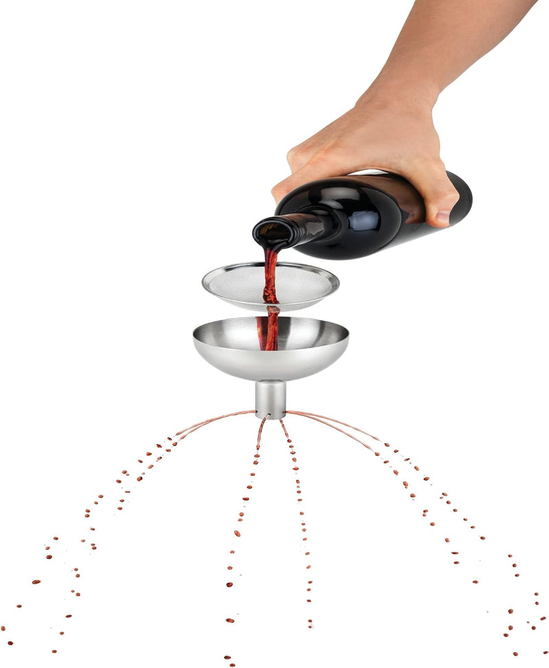 True Fountain Aerating Decanter Funnel, Red and White Wine Funnel with Mesh sediment Strainer, bar accessories, Stainless Steel, 2-Piece set