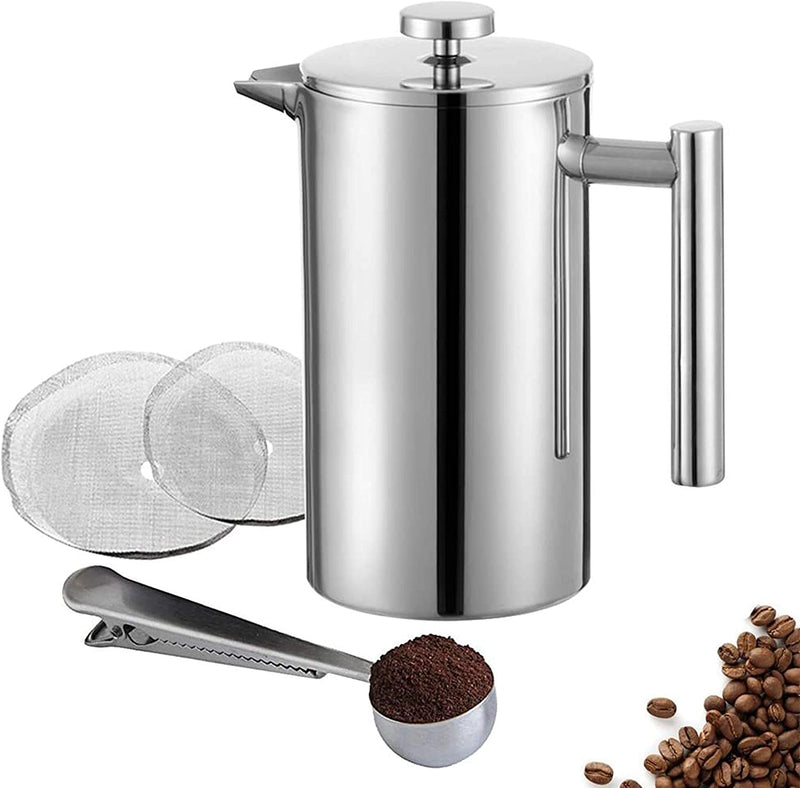 Meelio Small French Press Coffee Maker, Double-Wall Insulated French Press Coffee Press Stainless Steel, Included 2 Extra Fliters and 1 Coffee Spoon (350ML, 12 OZ)