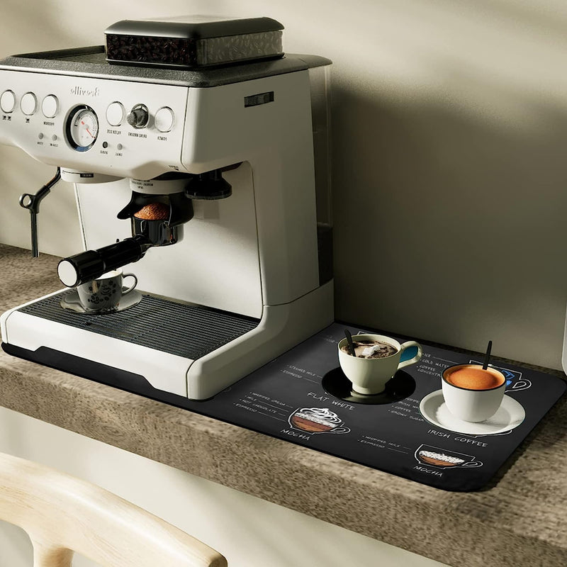 Coffee pot mat instantly covers water, coffee and milk stains Rubberized bottom, non-slip and easy to clean