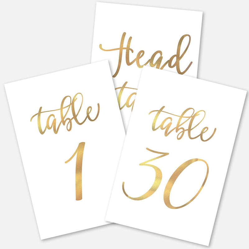 Gold Wedding Table Numbers Cards (1-30 + Head Table) 4X6 Double Sided Modern Calligraphy Foil Design Best for Receptions, Banquets, Cafés, Restaurants & Parties