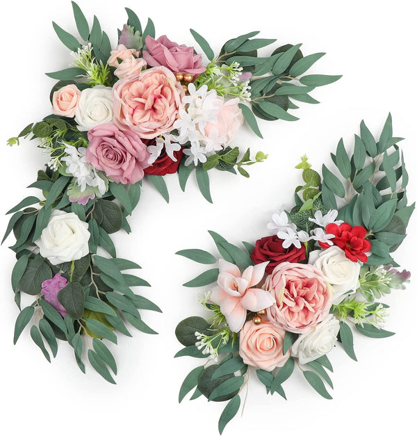 2Pcs Artificial Wedding Arch Flowers Kit - Dusty Rose White Floral Swag Garland for Reception and Ceremony Decor