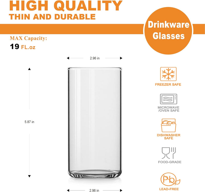 LUXU Drinking Glasses 19 oz, Thin Highball Glasses Set of 4,Clear Tall Glass Cups For Water, Juice, Beer, Drinks, and Cocktails and Mixed Drinks