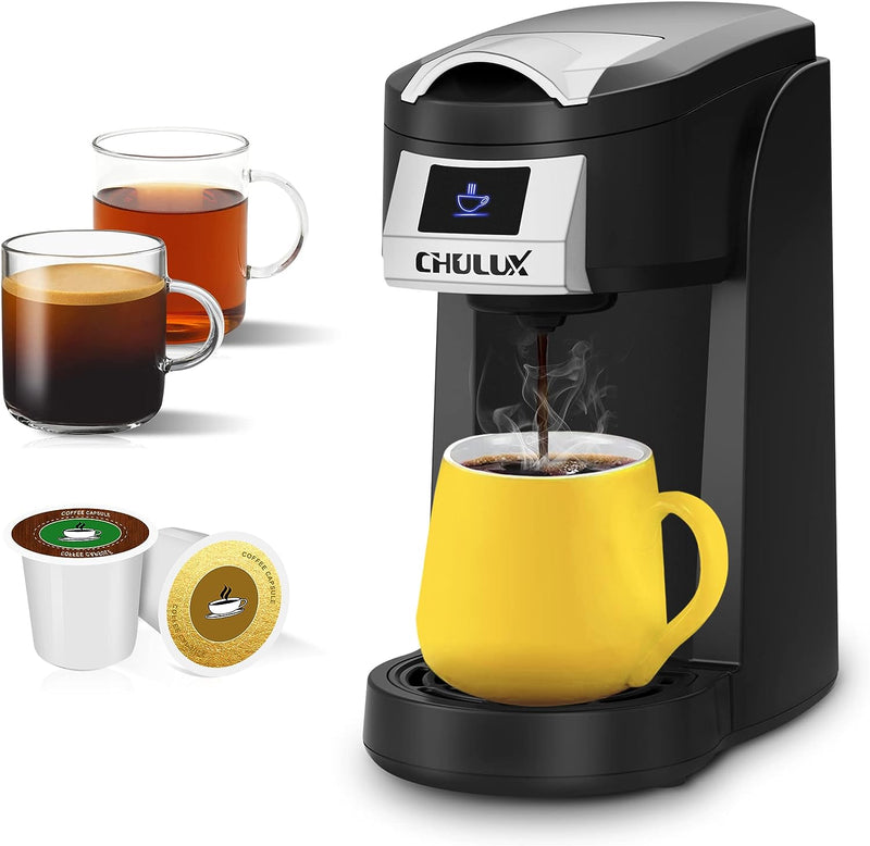 CHULUX Single Serve Coffee Maker, One Cup Coffee Brewer for K Cup & Ground Coffee, 5 to 12oz Brew Sizes in Mins, Auto Off Function, Portable Coffee Machine for Home, Office, Travel, Kitchen