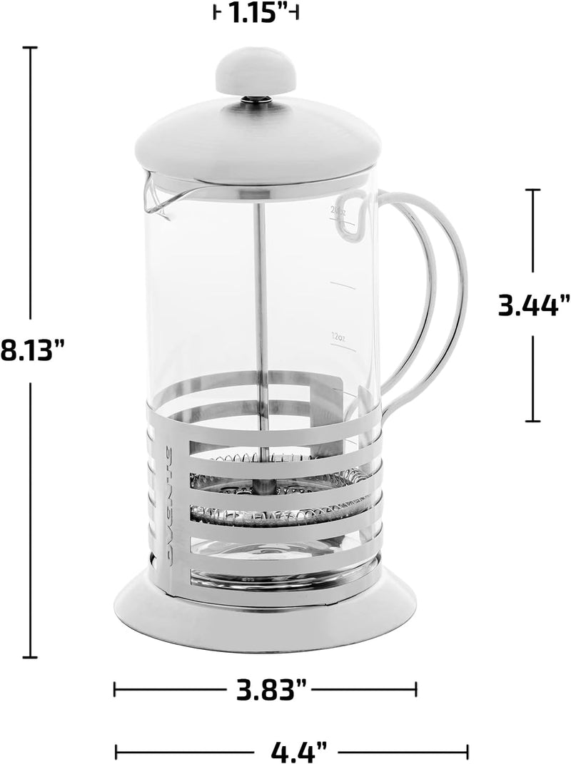 OVENTE 20 Ounce French Press Coffee & Tea Maker, 4 Filter Stainless Steel Plunger System & Durable Borosilicate Heat Resistant Glass, Portable Easy Clean Pitcher with Free Scoop, Silver FSH20S