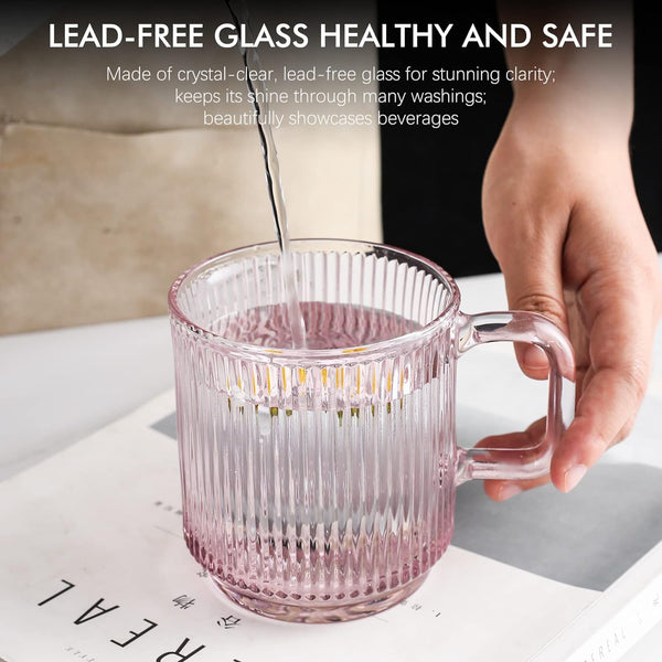Leadiy Pink Glass Coffee Mug with Lid, Clear Glass Coffee Cups, Classical Vertical Stripes Coffee Mugs for Latte Juice Tea 12.5 Ounces