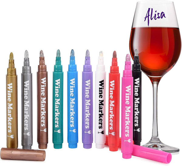 Vaci Markers Wine Glass Markers - 10 Pack | Metallic Color Pens with 2 Stencils & 8 Glass Labels | Washable & Erasable | Great for Parties, Baby Showers, Weddings or Any Occasions | For Adults