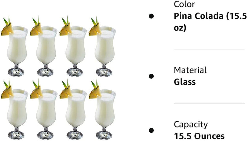 epure Venezia Collection 8 Piece Hurricane Glass Set - Perfect for Drinking Pina Coladas, Cocktails, Full-Bodied Beer, Juice, and Water (Pina Colada (15.5 oz))