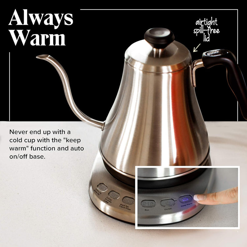 Gooseneck Electric Kettle with Temperature Control & Presets - 1L, Stainless Steel - Tea & Pour Over Coffee Kettle