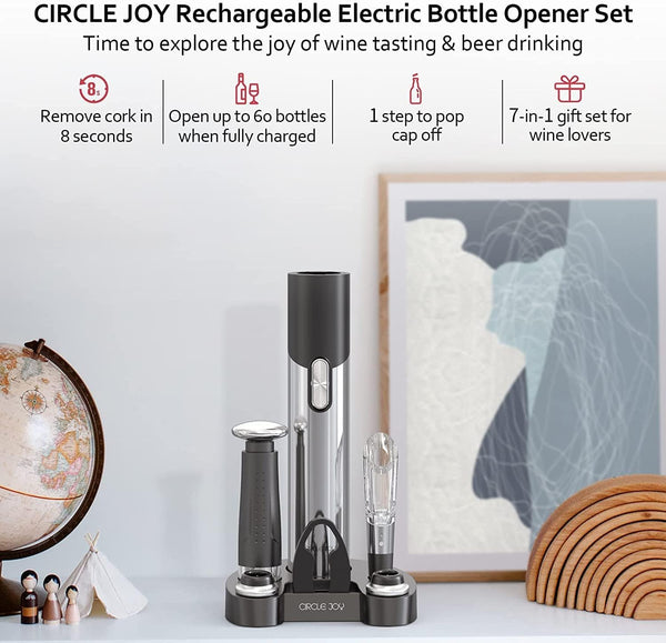 CIRCLE JOY Electric Wine Opener Set Automatic Wine Opener Kit for Wine and Beer Cordless Electric Wine Bottle Openers Gift Set with Foil Cutter, Aerator Pourer, Vacuum Pump and 2 Wine Stoppers