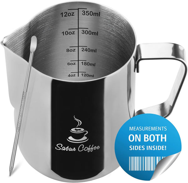 Milk Frothing Pitcher 12oz 350ml - Milk Jug 12 20 30oz - Measurements on Both Sides Inside Plus eBook - Stainless Steel Milk Frother Pitcher Espresso Cappuccino Coffee Latte Art Cup Steaming Pitcher