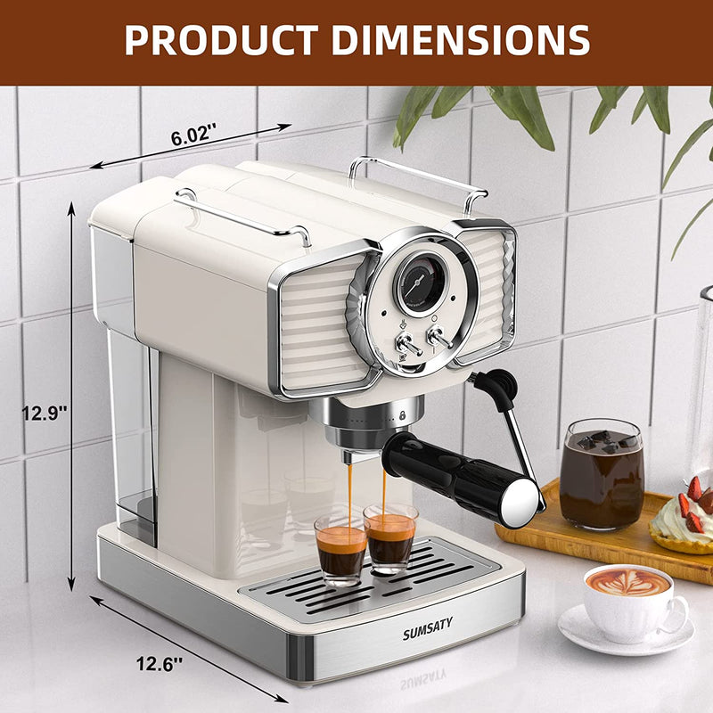 SUMSATY Espresso Coffee Machine 20 Bar, Retro Espresso Maker with Milk Frother Steamer Wand for Cappuccino, Latte, Macchiato, 1.8L Removable Water Tank, ETL Listed, Coffee Spoon, Vintage White