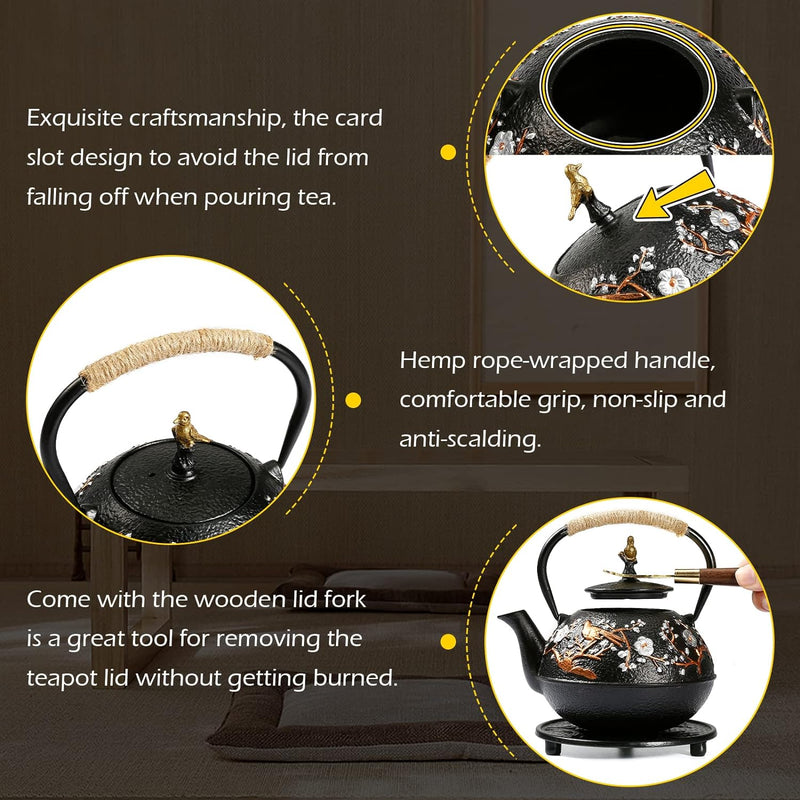 Dyna-Living Cast Iron Teapot with Warmer 720ml/24.5oz Japanese Teapot with Infuser Cast Iron Tea Pot Set with 2 Tea Cups Japanese Style Teapot for Stovetop Cast Iron Tea Kettle for Home Use
