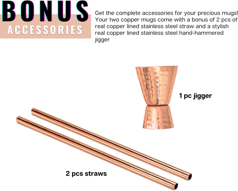 Kitchen Science [Gift Set] Moscow Mule Mugs, Stainless Steel Lined Copper Moscow Mule Cups Set of 2 (18oz) w/Straws & Jigger. | Tarnish-Resistant Stainless Steel Interior (Set of 2)