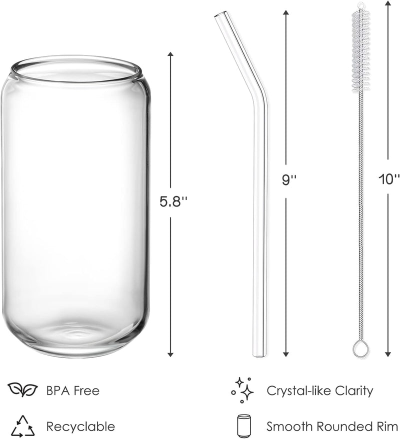 NETANY [ 8pcs Set ] Drinking Glasses with Glass Straw - 16oz Can Shaped Glass Cups, Beer & Iced Coffee Glasses, Cute Tumbler Cup, Ideal for Whiskey, Soda, Tea, Water, Gift - 2 Cleaning Brushes