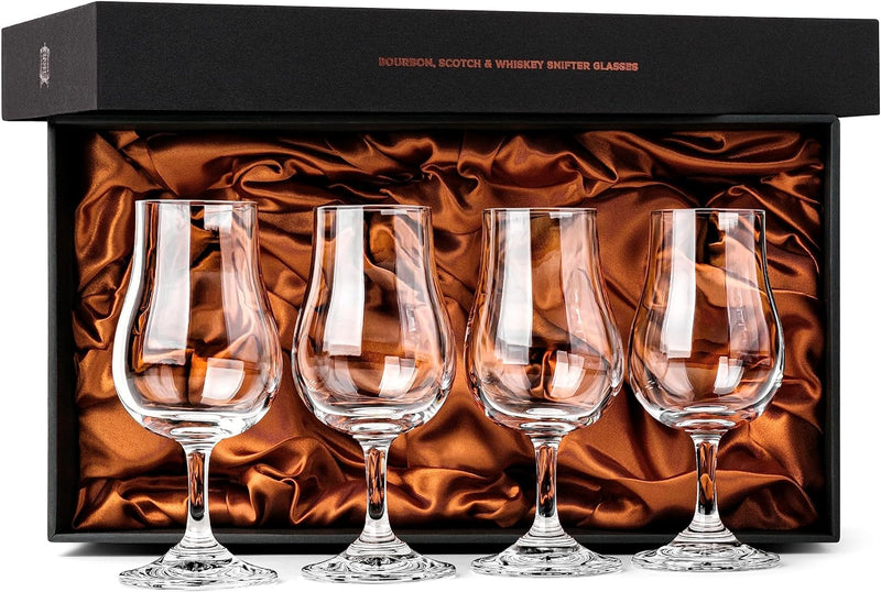 Whiskey, Scotch, Bourbon Tasting Glasses | Set of 4 Crystal Snifters | Professional 4 oz Tulip Shaped Nosing Copitas with Short Stem | Small Stemmed Gift Sniffers for Sipping Neat Liquor