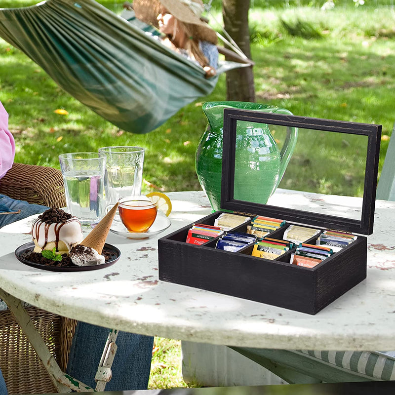 Alsonerbay Wooden Tea Box Tea Bag Holder Kitchen Storage Chest Box for Spice Pouches and Sugar Packets with 8 Compartments and Glass Window Weathered Black