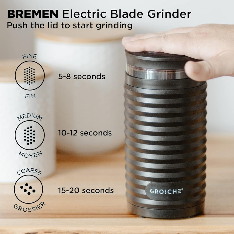 GROSCHE Bremen 6-Cup Coffee Grinder: 180W Power, Stainless Steel Blade, Versatile Grinding for Coffee, Nuts, and Spices | Home and Kitchen Essentials