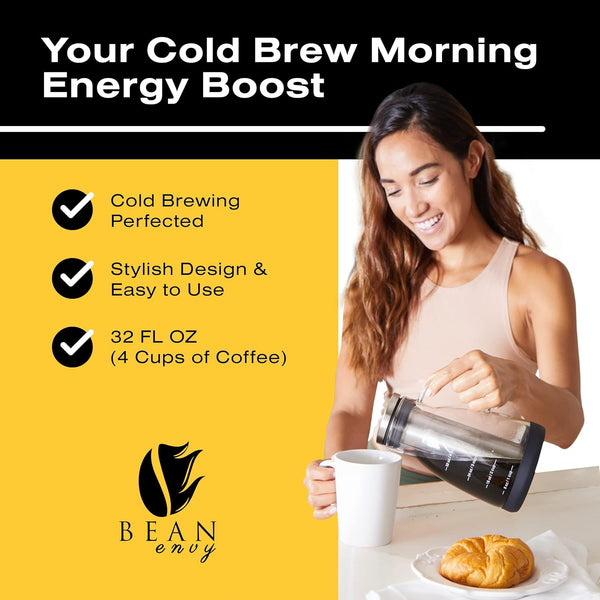 Bean Envy Cold Brew Coffee Maker - 32 oz Glass Iced Tea & Coffee Cold Brew Maker and Pitcher w/Silicone Cap & Base