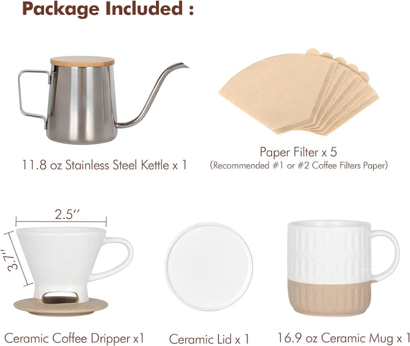 AELS Pour Over Coffee Maker Gift Set, Includes Ceramic Coffee Dripper Brewer & Coffee Mug with Lid, Stainless Steel Gooseneck Kettle & 5pcs Coffee Filter, Manual Single Cup Coffee Maker, Gift Idea