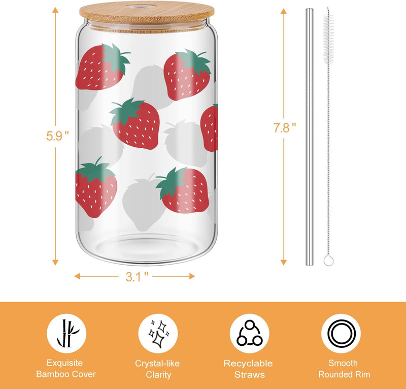 Strawberry Iced Coffee Glasses Cup with Bamboo Lids and Straw, Cute Lovely Strawberry Pattern Drinking Can Shaped Cup, Aesthetic Birthday Gifts for Strawberry Lovers Women Mom Best Friend Daughter