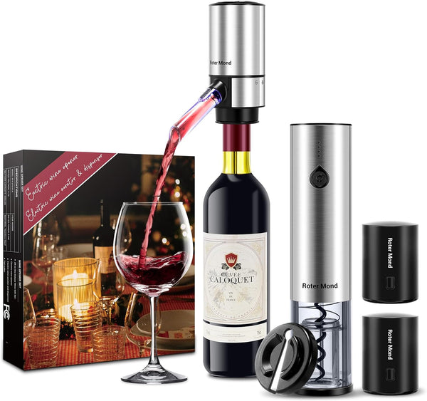 Electric Wine Opener Set, Roter Mond Automatic Wine Bottle Opener set with Electric Wine Decanter Aerator Wine Foil Cutter 2 Vacuum Stoppers, 5-in-1 Wine Gift for Home Party Thanksgiving Christmas