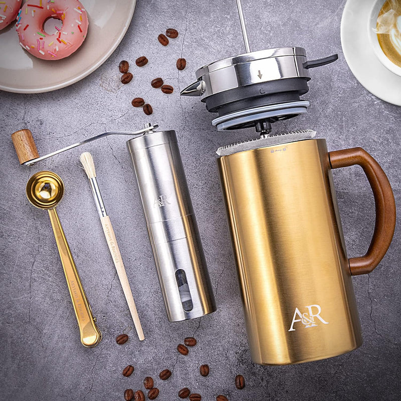 French Press Travel Coffee Press - Travel French Press Coffee Maker Set, French Coffee Grinder Set, Insulated French Press with Grinder, Outdoors Coffee Maker Kit, 34 OZ French Press Gift Set