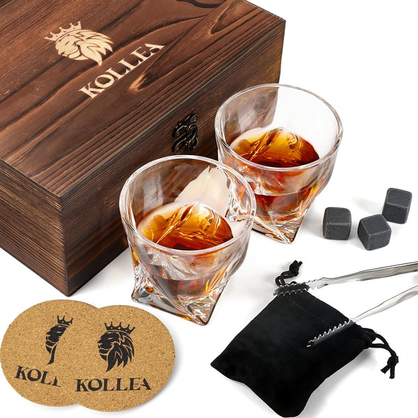 Kollea Whiskey Glasses & Whiskey Stones, Whiskey Glasses Set of 2 with 8 Whiskey Rocks, Whiskey Glasses in Wooden Gift Box, Whiskey Gift for Men, Dad, Boyfriend, Birthday, Christmas, Housewarming