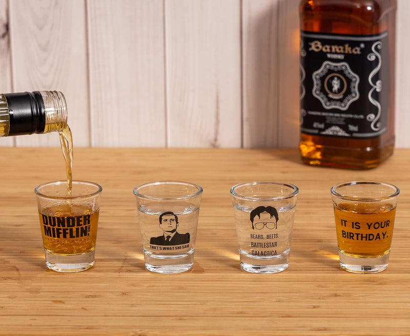 PuGez The Office Shot Glass Set, The Office TV Show Merchandise, 4-Piece Office Inspired Shot Glasses, The Office Gifts for Office Fans