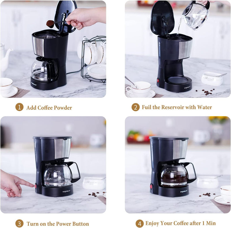 Aigostar 4 Cup Coffee Maker, Small Coffee Maker with Reusable Filter, Hot Plate and Glass Coffee Pot, Compact Coffee Machine with Cone Filter, Anti Drip Coffee Maker for Home & Office, Stainless Steel