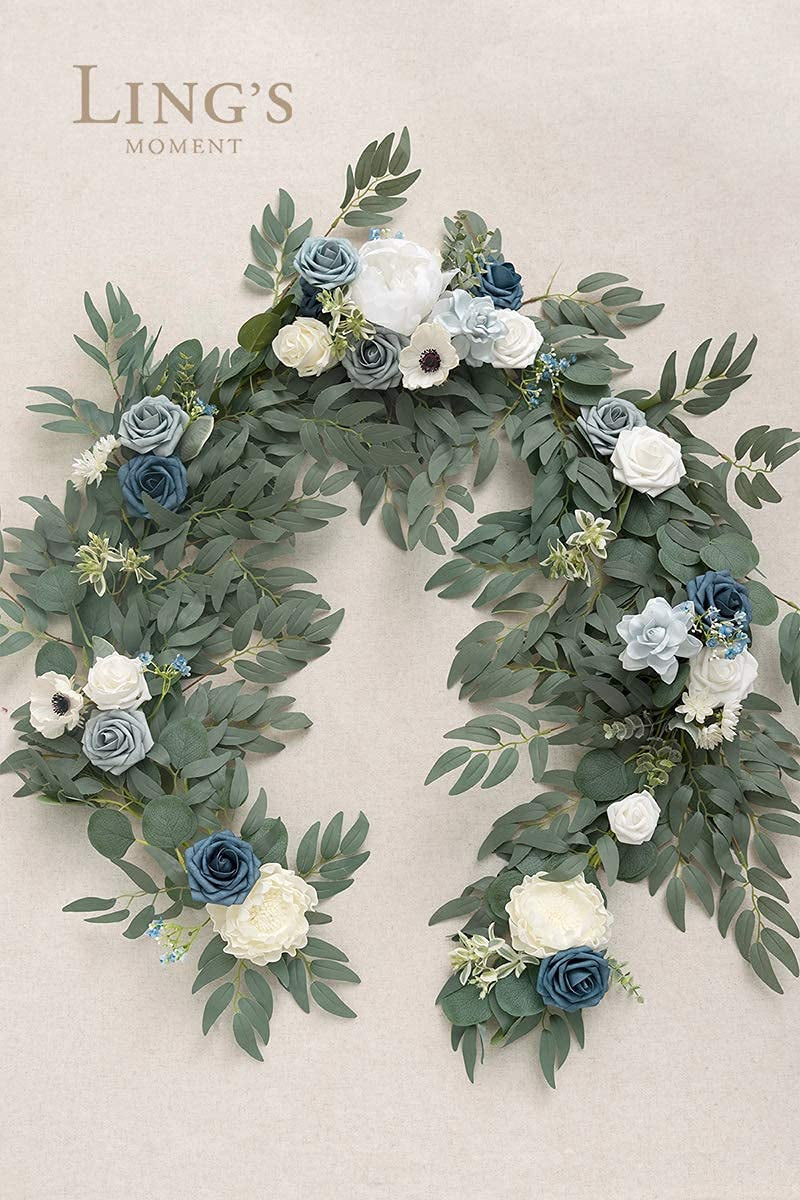 Artificial Eucalyptus Garland with Flowers 6FT - Wedding Centerpiece Garland for Rehearsal Dinner and Bridal Shower Dusty Blue